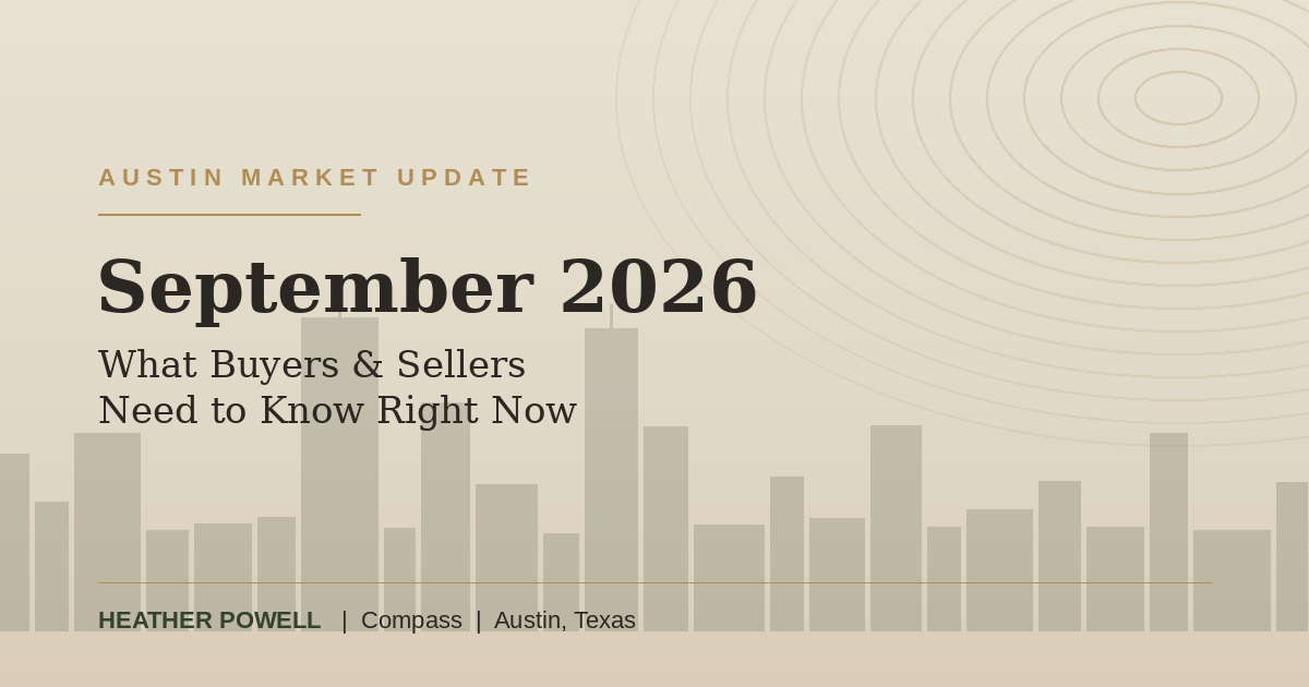 Austin real estate market update graphic for September 2026, showing an abstract Austin skyline with the headline What Buyers and Sellers Need to Know Right Now